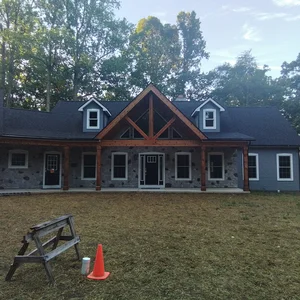 Custom timber-frame rancher entrance exterior in Elverson, PA
