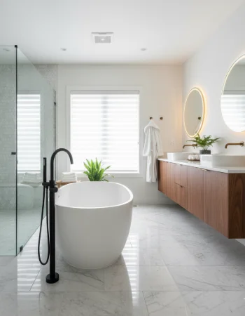 A luxurious, custom bathroom remodel with a walk-in shower,  tub, dual vanity, and tiles