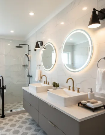 A bathroom vanity highlighting designer lighting, premium fixtures, and elegant finishing touches