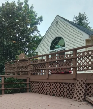 A newly built wooden residential deck in Lionville, PA