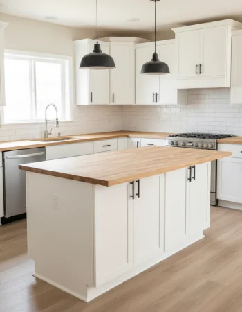 A modern, bright, and affordable kitchen remodel with white cabinets, subway tile, and a central island
