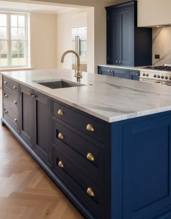 A luxurious kitchen featuring dark wood cabinetry, marble countertops, and premium, high-quality craftsmanship