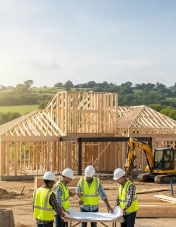 A construction crew reviews blueprints in front of a new home's wood frame