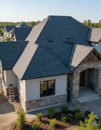 A detailed view of a newly installed asphalt shingle roof and siding on a modern home's exterior