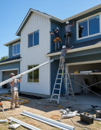 Workers install white gutters on the exterior of a blue and white two-story house